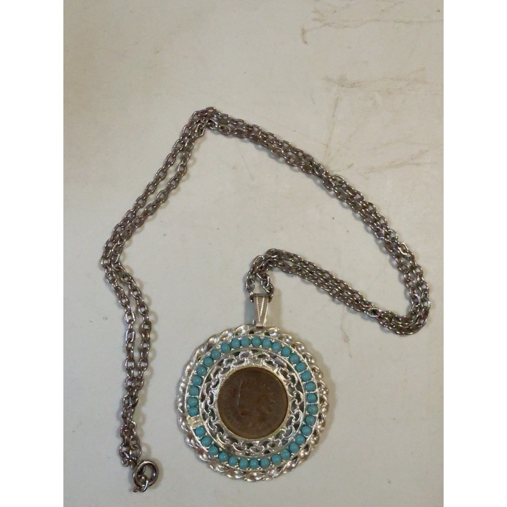 T20157-Vintage 1906 Indian Head Penny Coin Pendant Necklace Turquoise Beads 22" - Picture 2 of 9